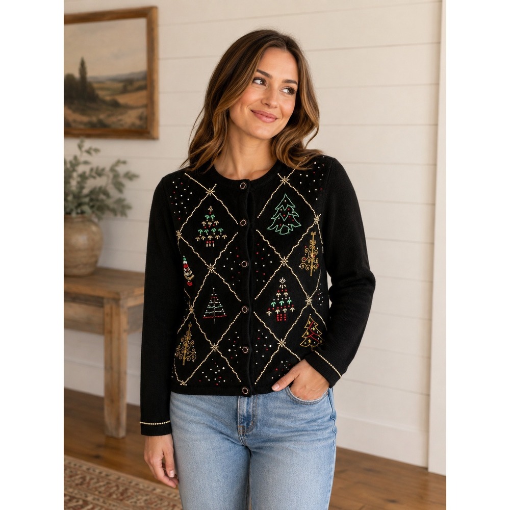 Vintage Designers Originals Studio Joy Beaded Christmas Cardigan Sweater Small